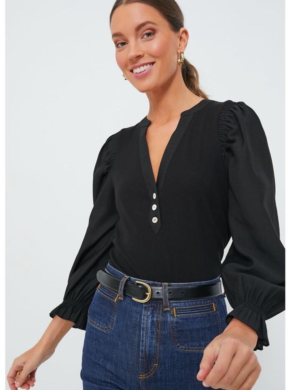 Tuckernuck Pomander Place Livia Puff Sleeve Mixed Media Top Black Medium